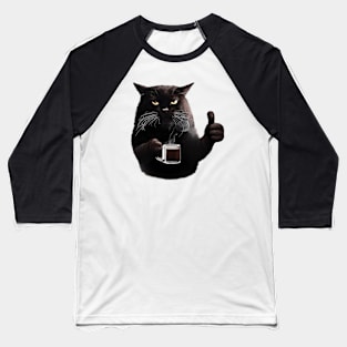 Bossy Black Cat Coffee Thumbs-Up Baseball T-Shirt